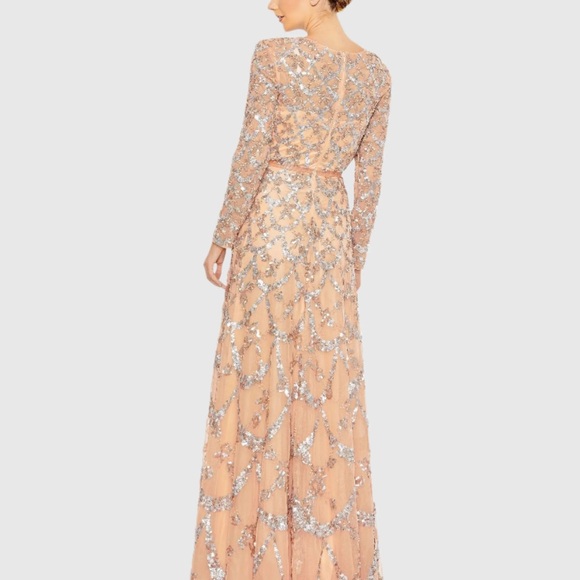 Mac Duggal Pink Embellished Illusion High Neck Long Sleeve A Line Gown - Picture 3 of 12